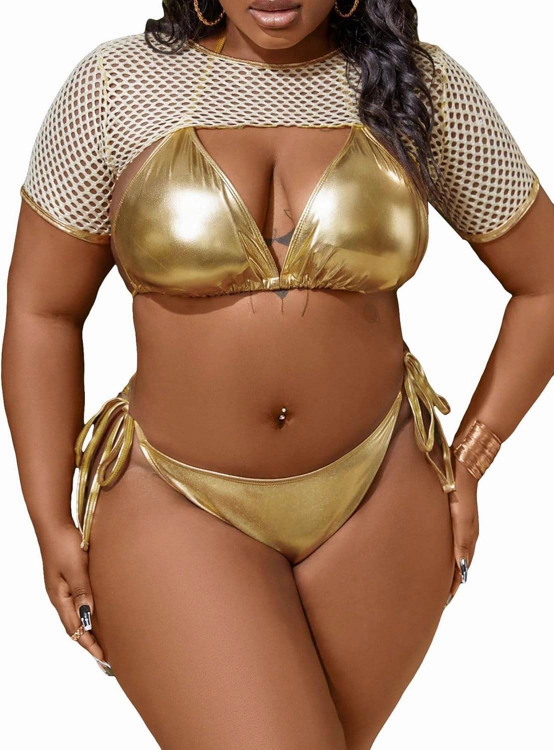 Women's Plus Size 3 Piece Solid Halter Bikini Triangle Set with Beach Cover Up Top Backless Swimsuit