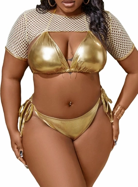 Women's Plus Size 3 Piece Solid Halter Bikini Triangle Set with Beach Cover Up Top Backless Swimsuit