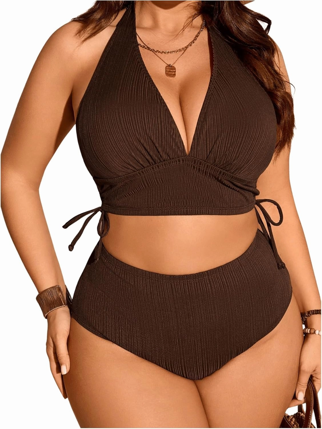 Women's Plus Size Bikini Sets Tie Side Backless Halter Swimsuit High Waisted Bathing Suit