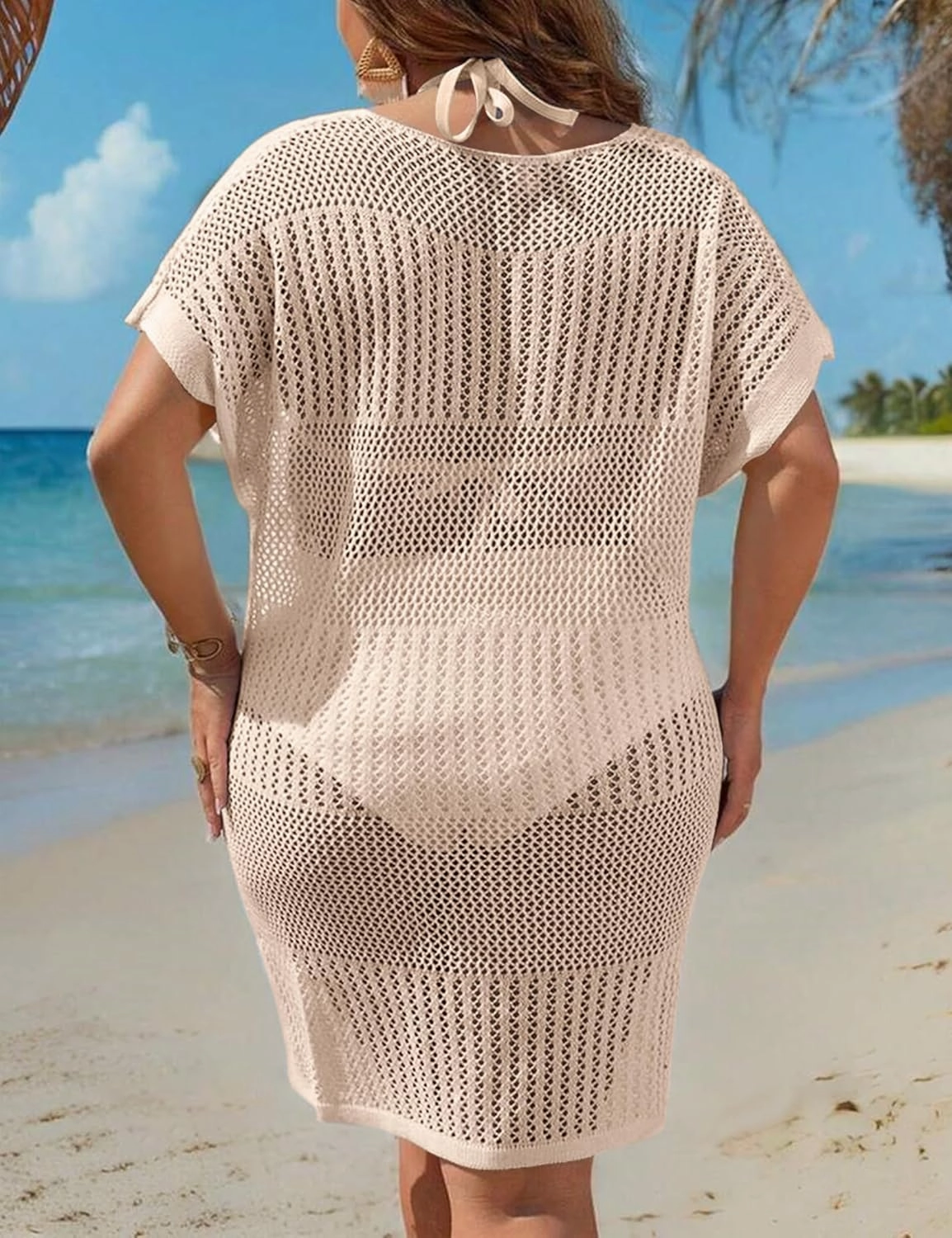 Women's Plus Size Cover Up Crochet Swimwear Hollow Out V Neck Beach Tops