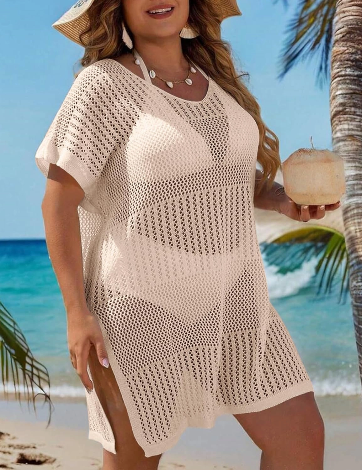 Women's Plus Size Cover Up Crochet Swimwear Hollow Out V Neck Beach Tops