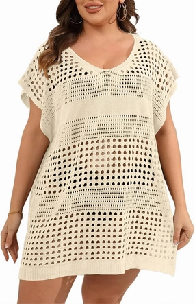 Women's Plus Size Crochet Cover Ups Swimwear V Neck Hollow Out Beachwear Tops