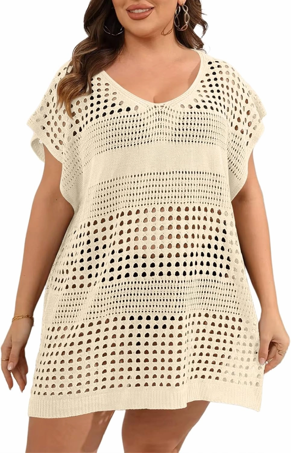 Women's Plus Size Crochet Cover Ups Swimwear V Neck Hollow Out Beachwear Tops