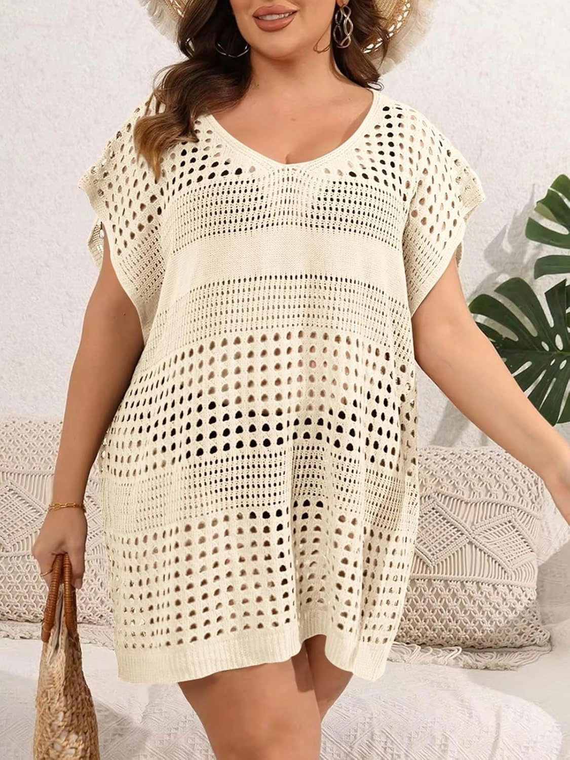 Women's Plus Size Crochet Cover Ups Swimwear V Neck Hollow Out Beachwear Tops
