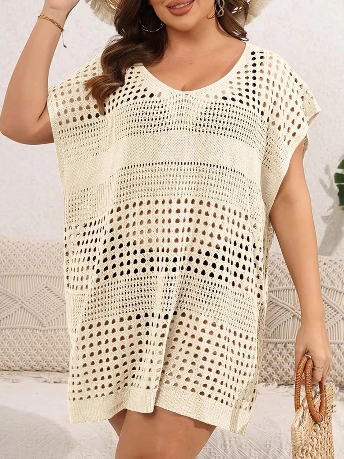 Women's Plus Size Crochet Cover Ups Swimwear V Neck Hollow Out Beachwear Tops