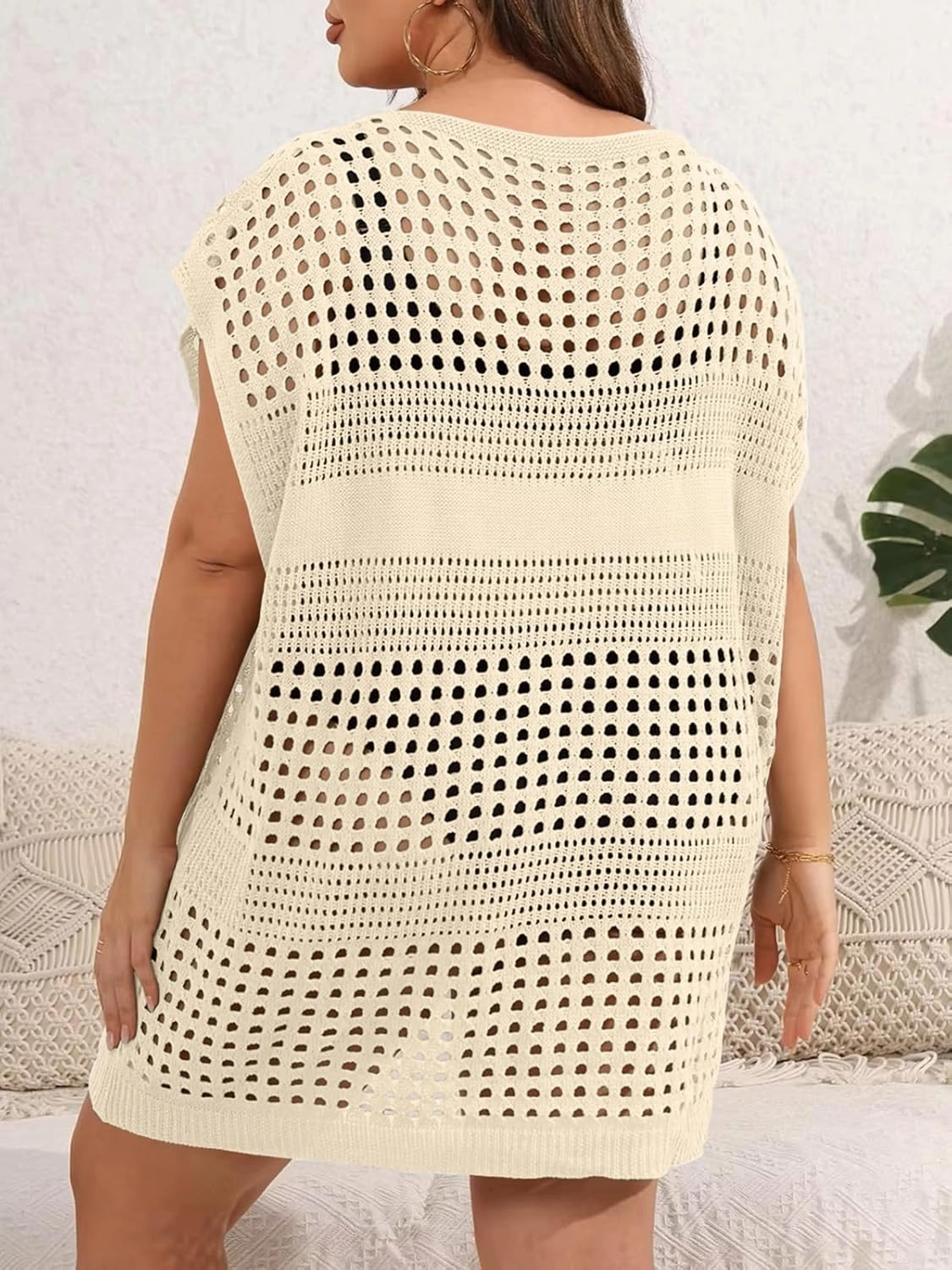 Women's Plus Size Crochet Cover Ups Swimwear V Neck Hollow Out Beachwear Tops