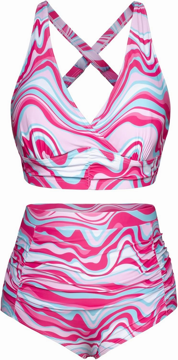 Women's Plus Size Halter V Neck Bikini Swimsuits High Waisted Ruched Tummy Control Swimwear