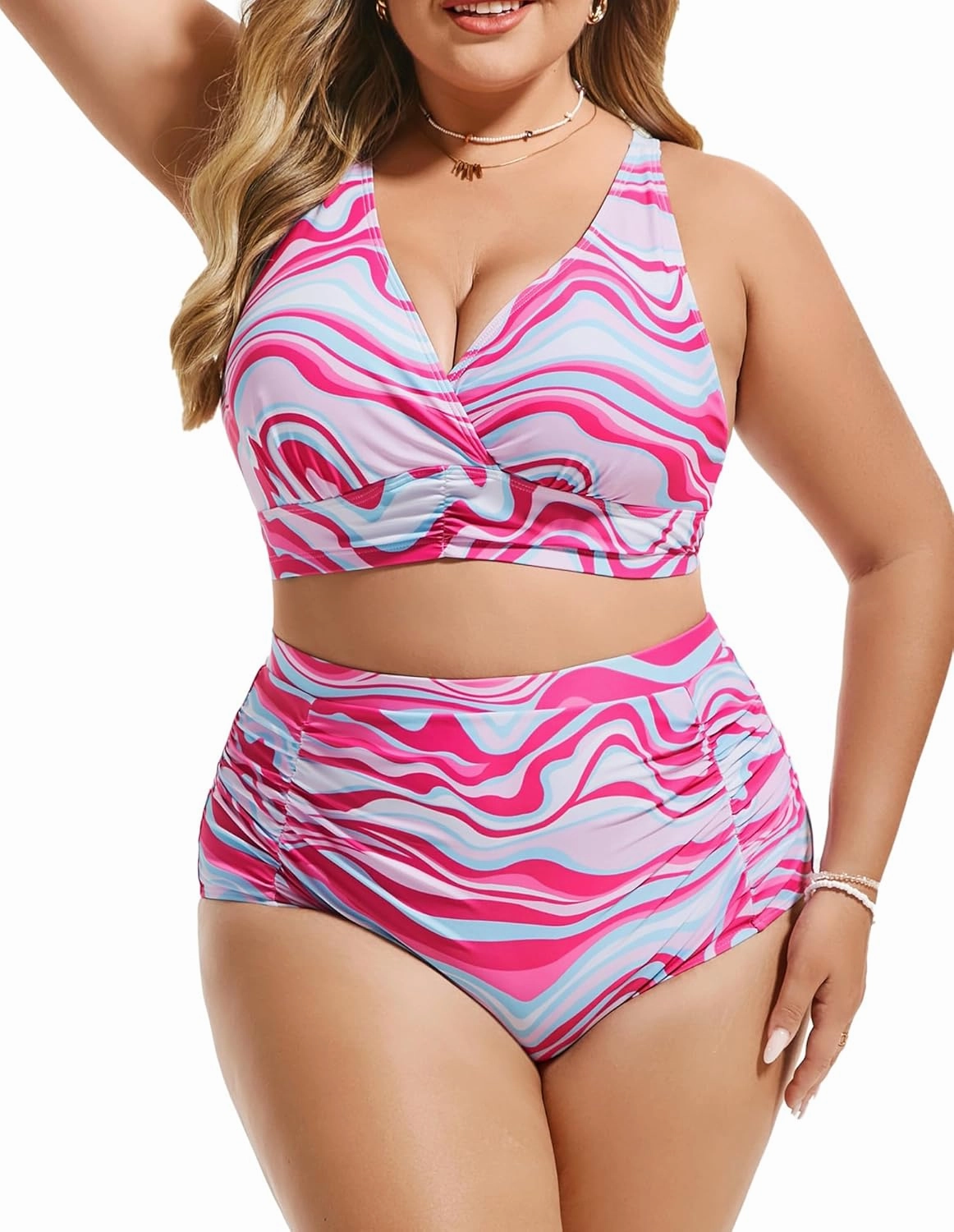 Women's Plus Size Halter V Neck Bikini Swimsuits High Waisted Ruched Tummy Control Swimwear