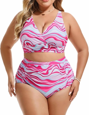 Women's Plus Size Halter V Neck Bikini Swimsuits High Waisted Ruched Tummy Control Swimwear