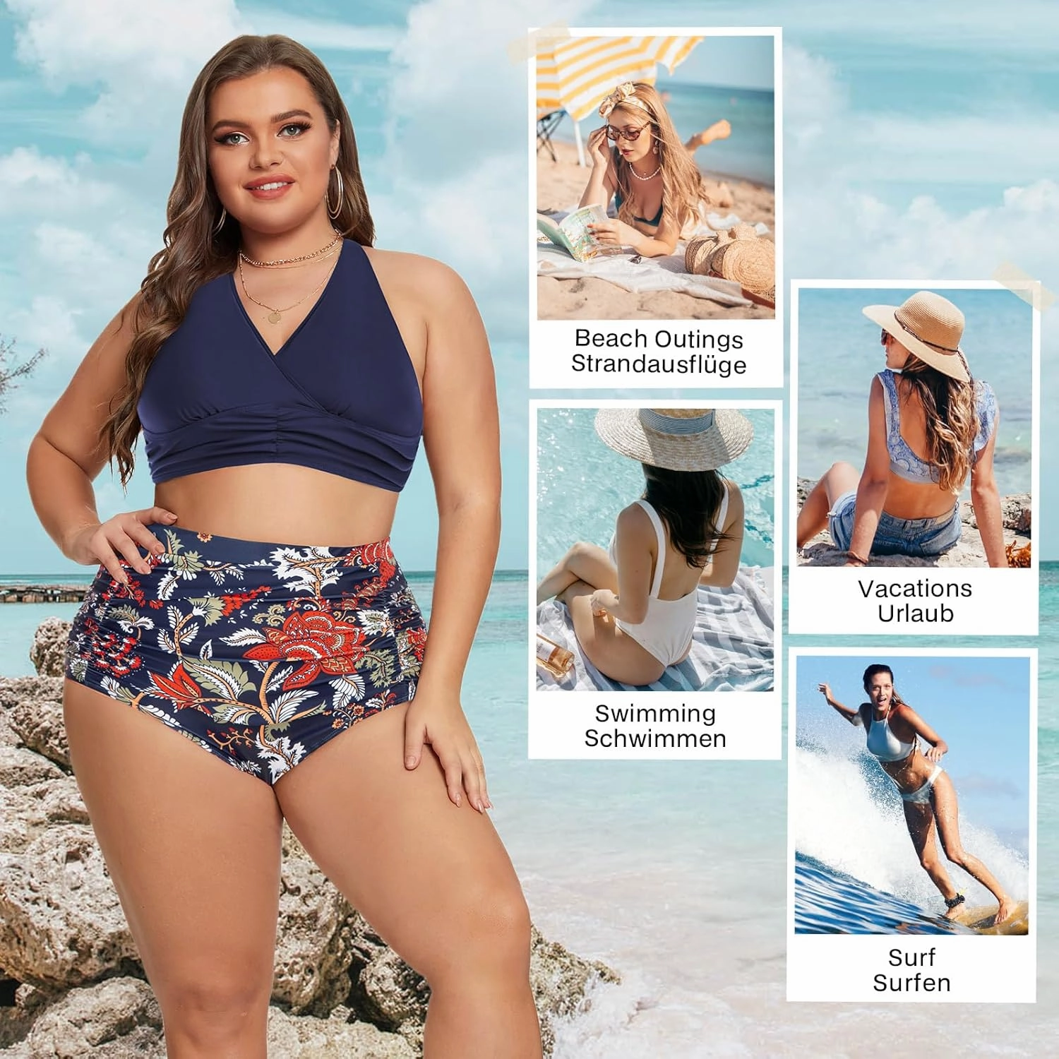 Women's Plus Size Halter V Neck Bikini Swimsuits High Waisted Ruched Tummy Control Swimwear