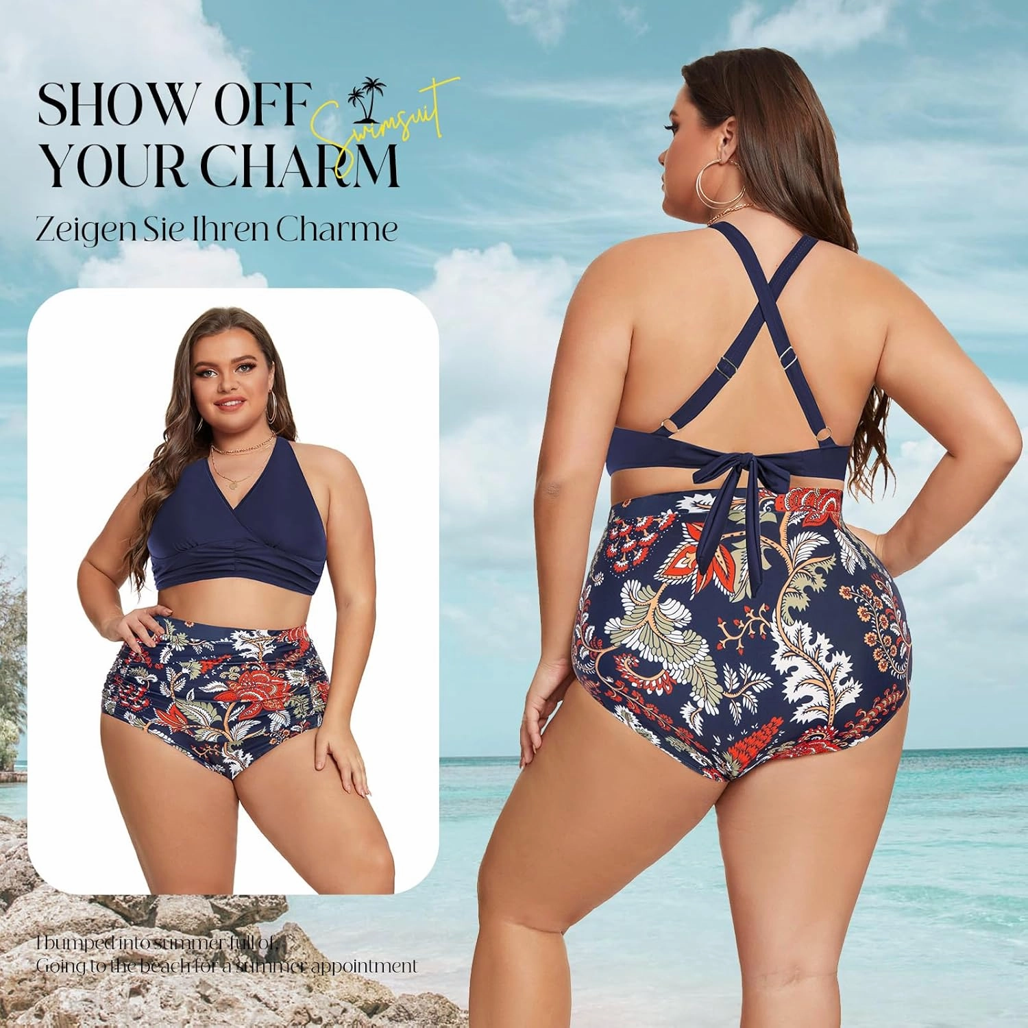 Women's Plus Size Halter V Neck Bikini Swimsuits High Waisted Ruched Tummy Control Swimwear