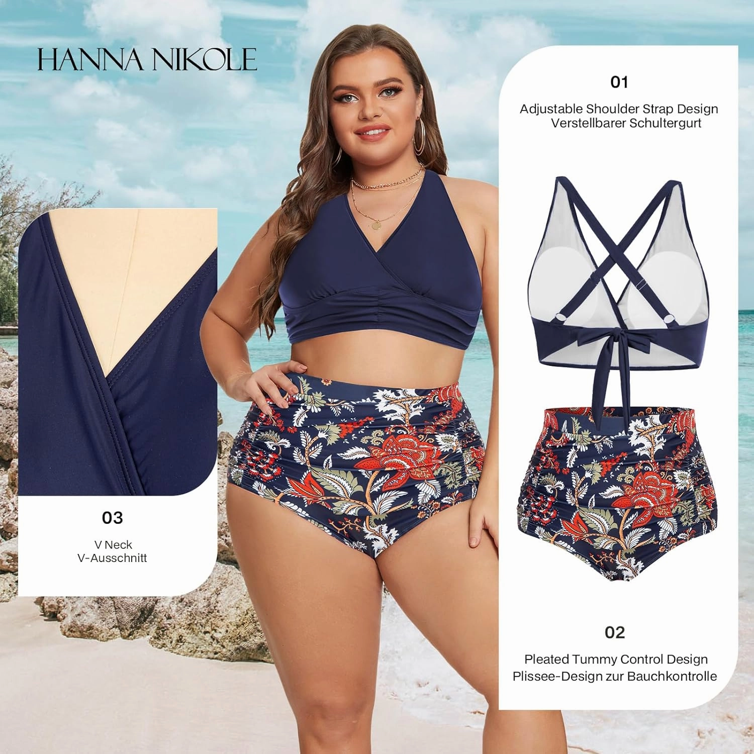 Women's Plus Size Halter V Neck Bikini Swimsuits High Waisted Ruched Tummy Control Swimwear