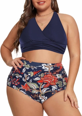 Women's Plus Size Halter V Neck Bikini Swimsuits High Waisted Ruched Tummy Control Swimwear