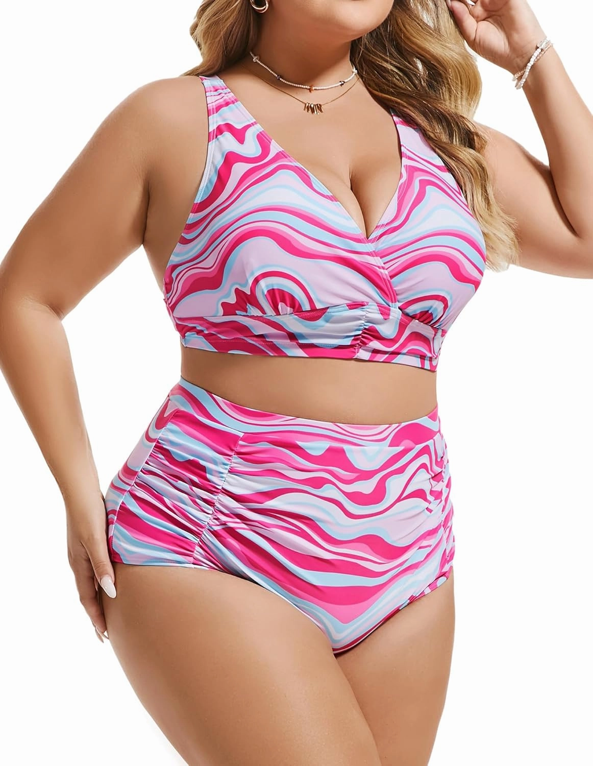 Women's Plus Size Halter V Neck Bikini Swimsuits High Waisted Ruched Tummy Control Swimwear