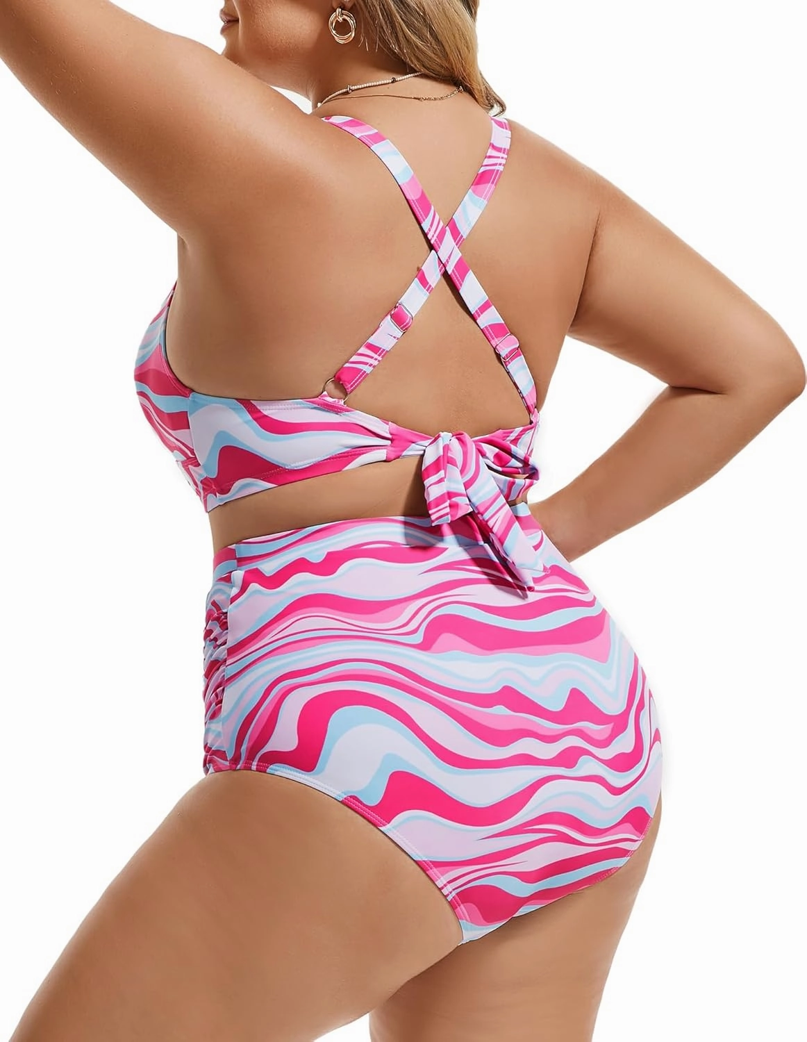 Women's Plus Size Halter V Neck Bikini Swimsuits High Waisted Ruched Tummy Control Swimwear