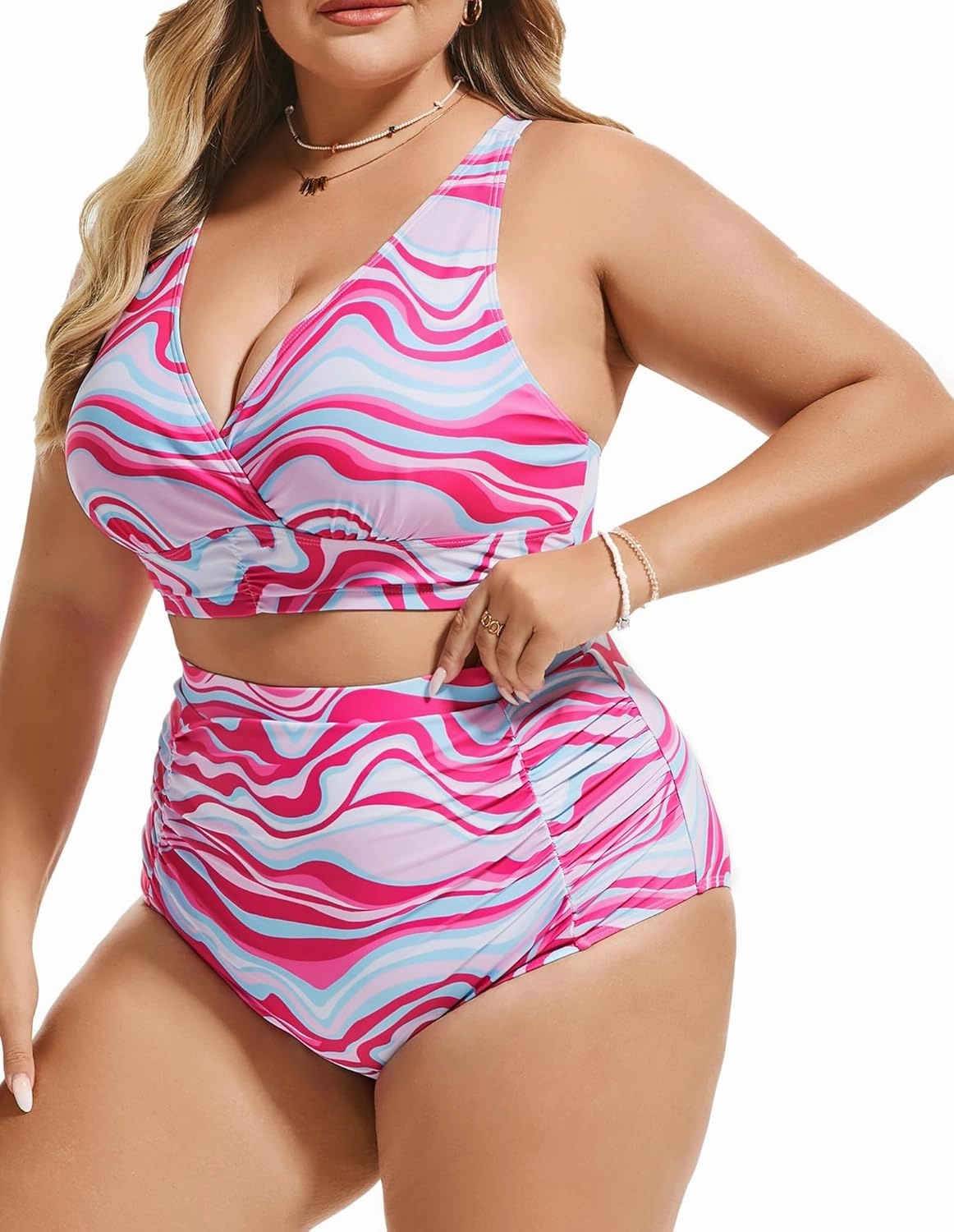 Women's Plus Size Halter V Neck Bikini Swimsuits High Waisted Ruched Tummy Control Swimwear
