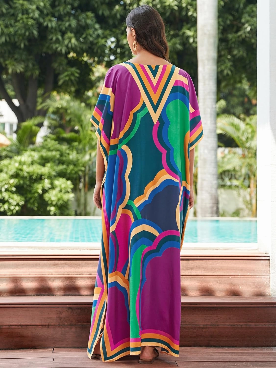Women's Plus Size Loose Fit Moroccan Print V-Neck Batwing Kaftan Beach Dress Bathing Suit Cover Up