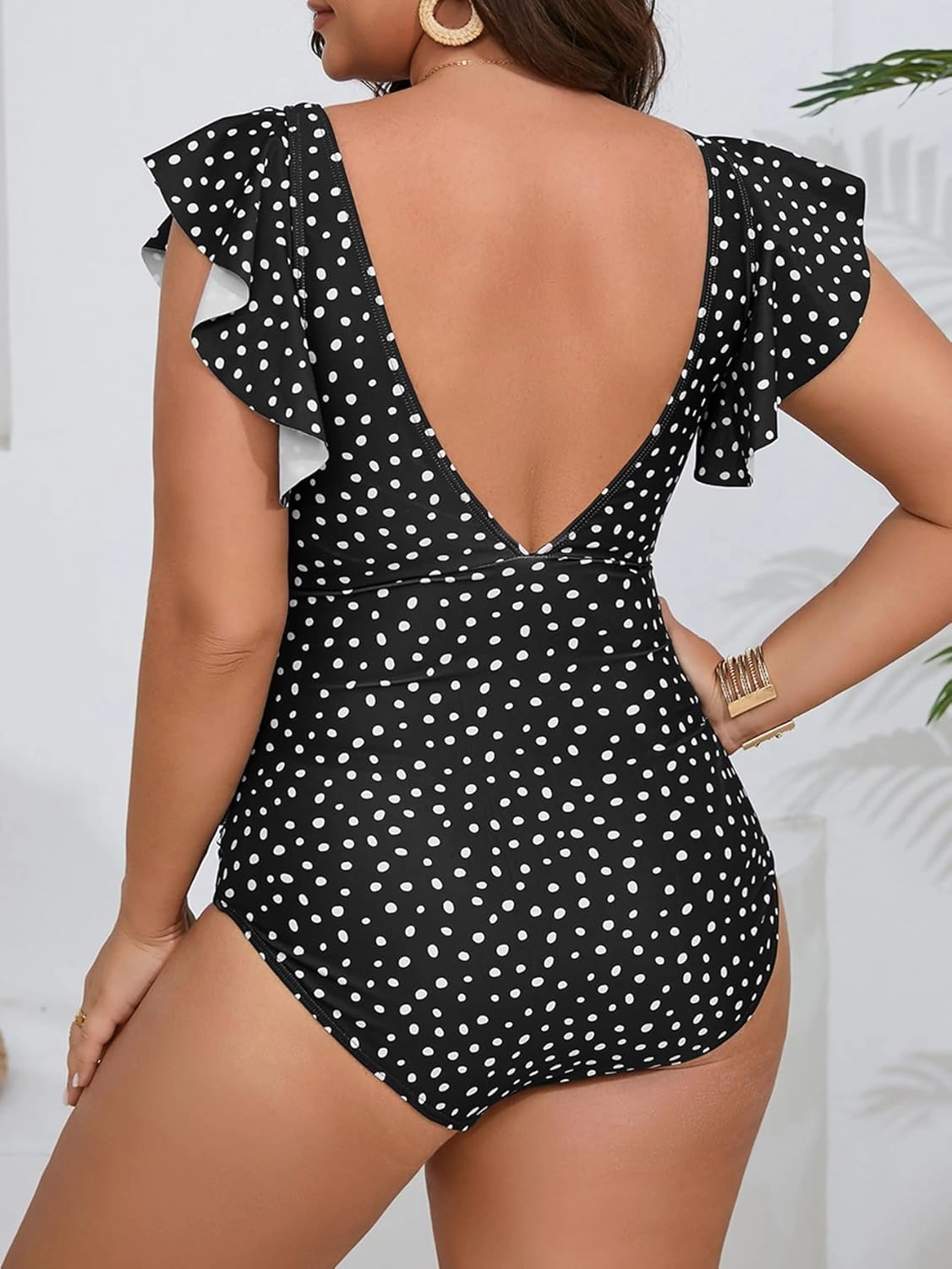 Women's Plus Size One Piece Swimsuit Tummy Control V Neck Bathing Suit Cutout Ruffle Swimwear