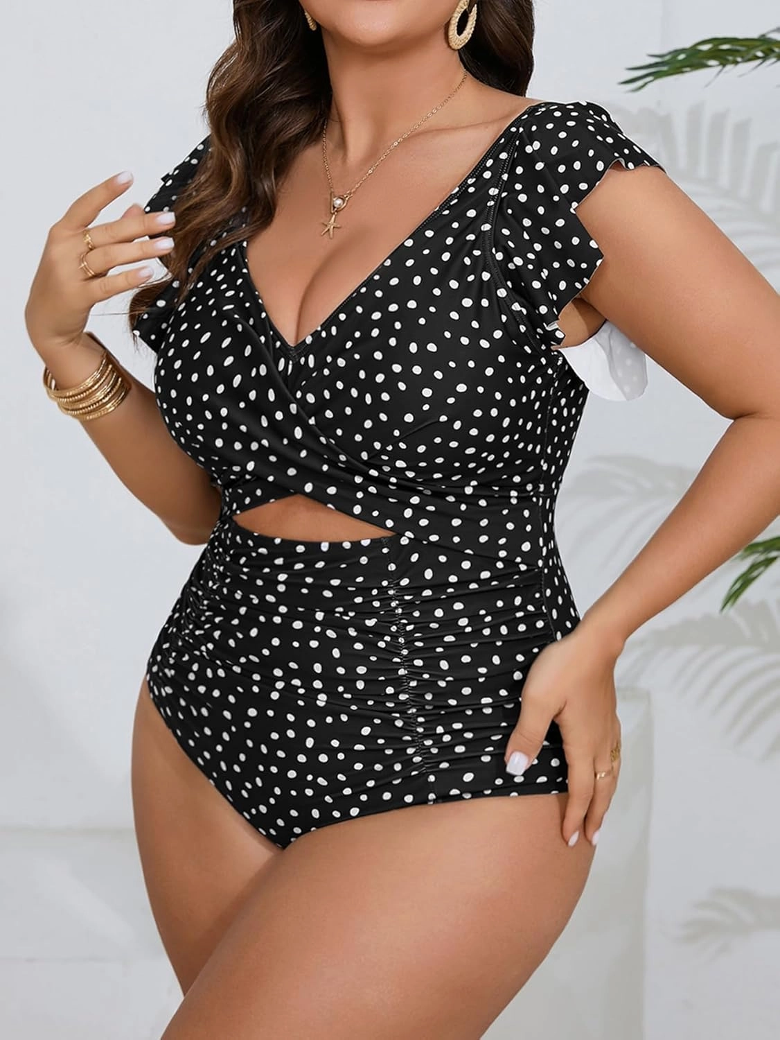 Women's Plus Size One Piece Swimsuit Tummy Control V Neck Bathing Suit Cutout Ruffle Swimwear