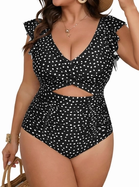 Women's Plus Size One Piece Swimsuit Tummy Control V Neck Bathing Suit Cutout Ruffle Swimwear