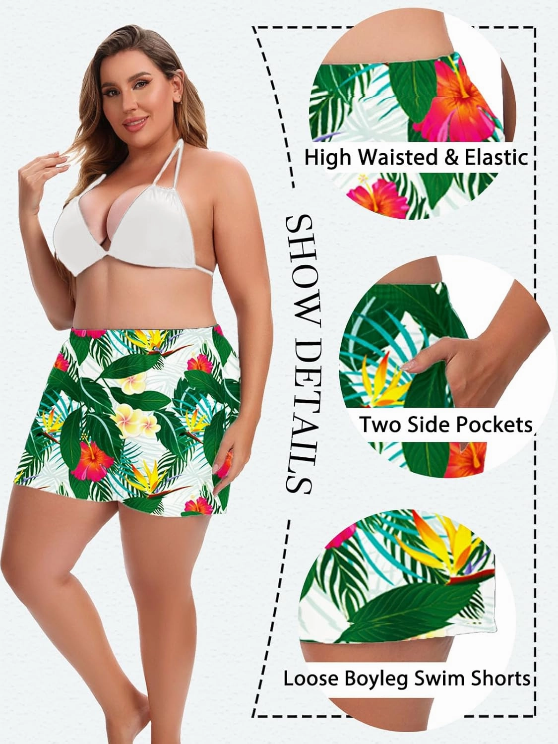 Women's Plus Size Swim Shorts High Waisted Bathing Suit Bottoms Long Swimsuit Board Short Tankini Trunks with Pocket