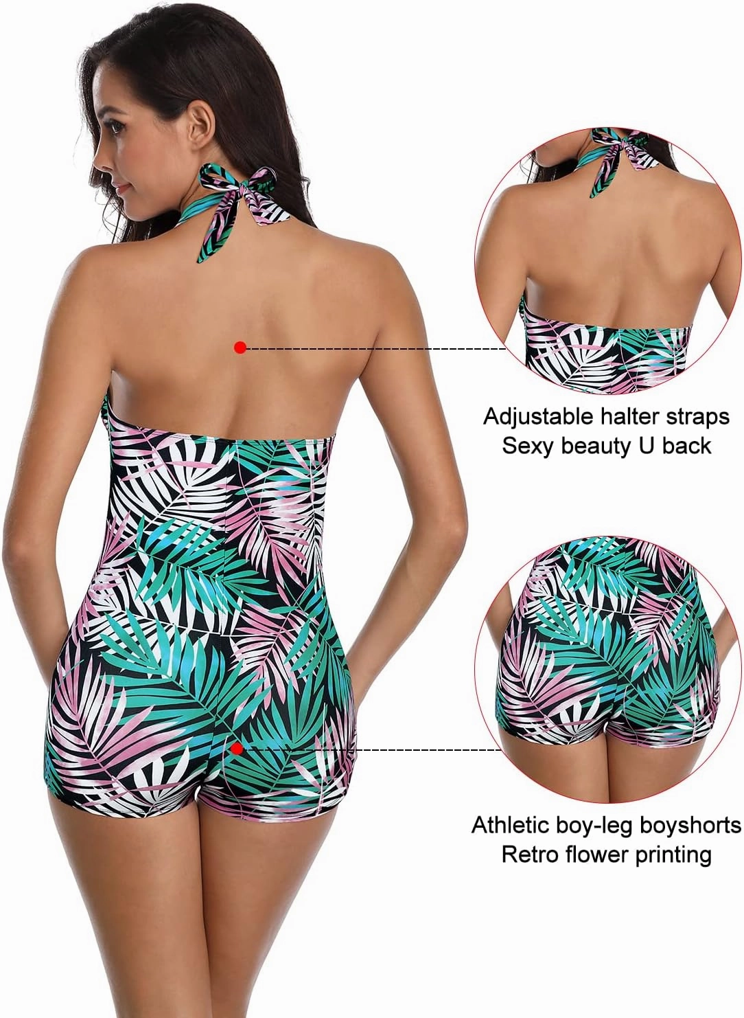 Women's Retro Halter Bathing Suits Vintage One Piece Swimsuit for Women Tummy Control Plus Boy-Leg Ruched Push up Swimsuit