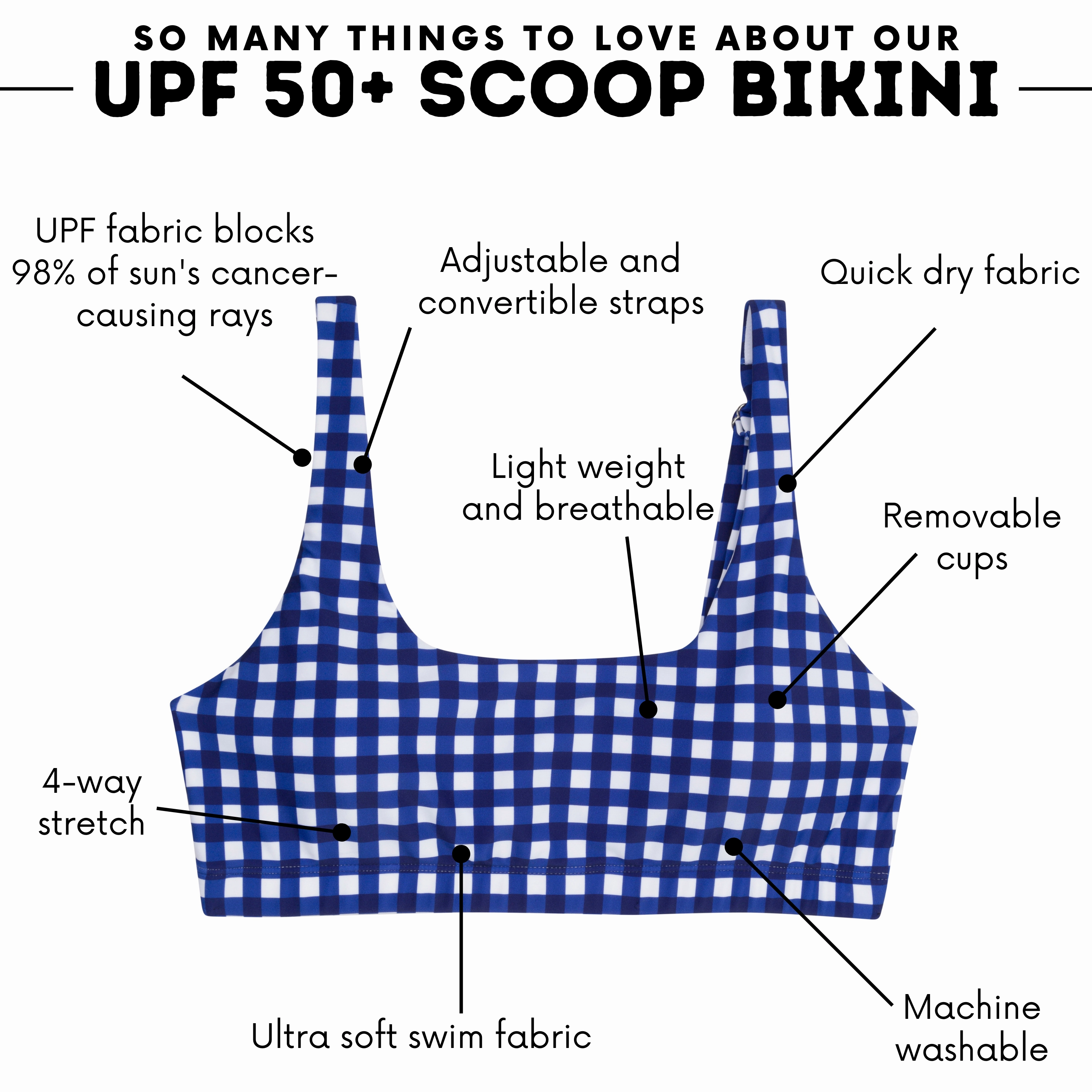 Women's Scoop Neck Bikini Top | "Navy Gingham"