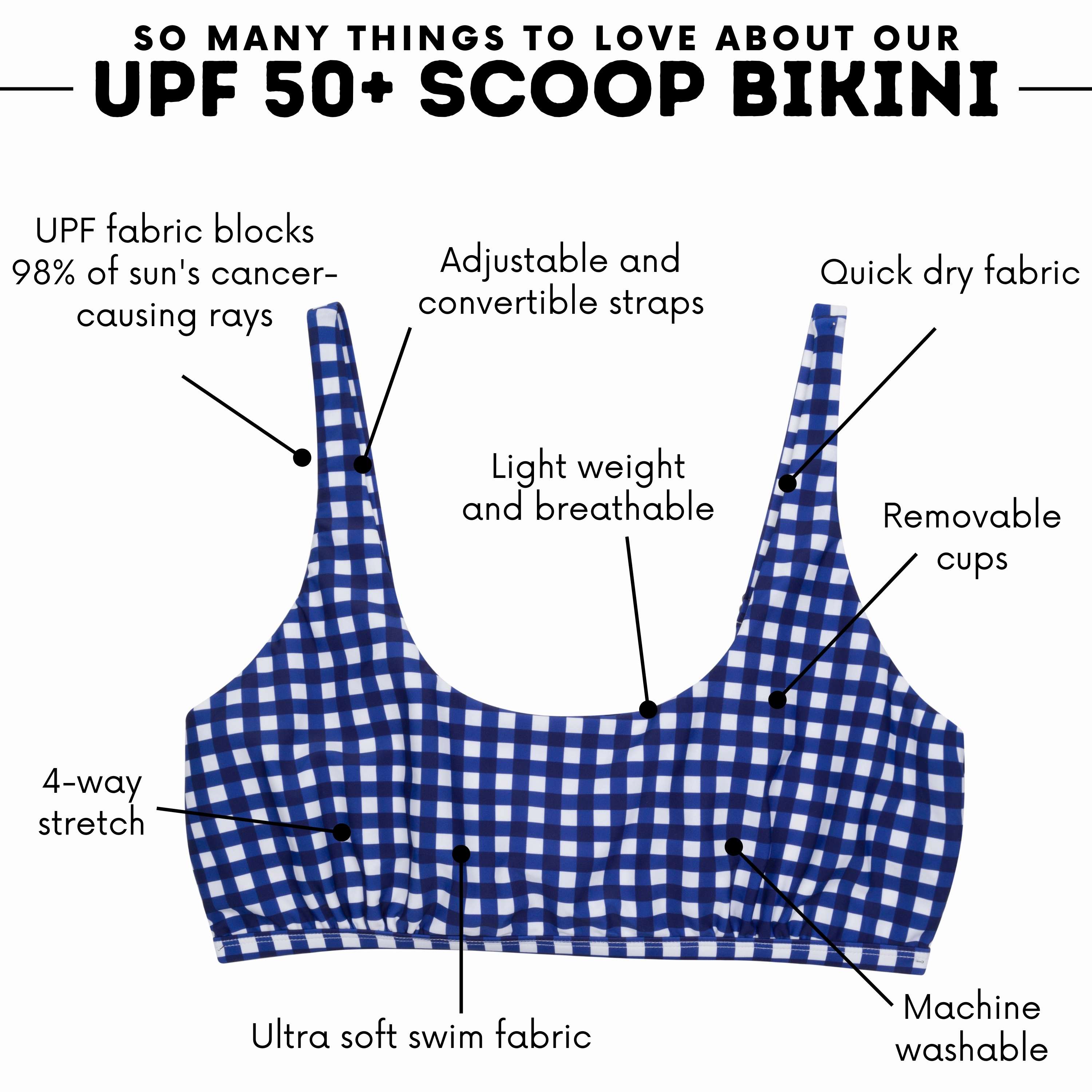 Women's Scoop Neck Bikini Top Plus Size | "Navy Gingham"