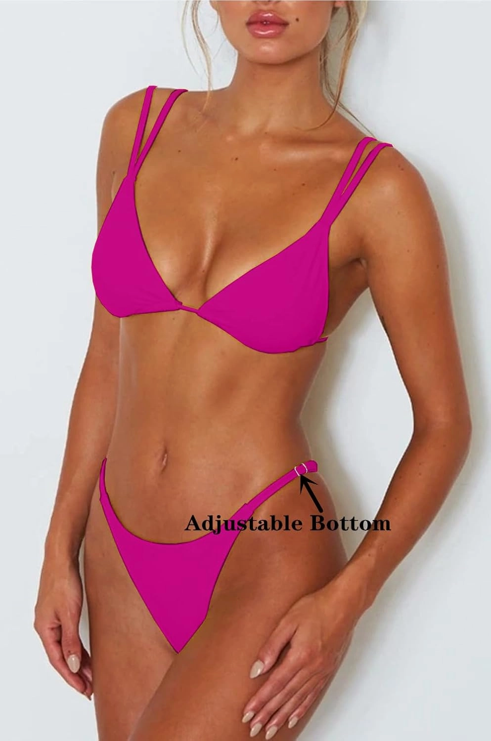 Women's Sexy Thong Bottom Two Piece Bikini Double Shoulder Straps Cute Swimsuit Triangle Bathing Suit