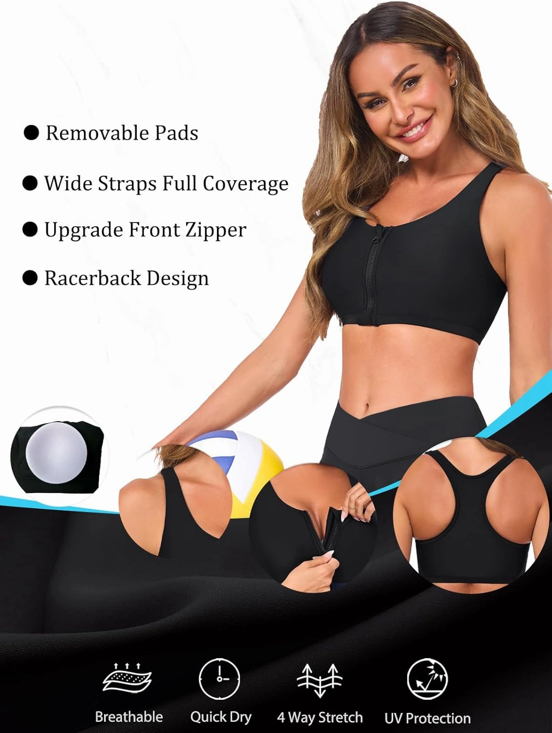 Women's Sports Bra Bikini Top for Large Bust Racerback Swim Bras Zipper in Front Bathing Suit Top Swimsuit Tops Only