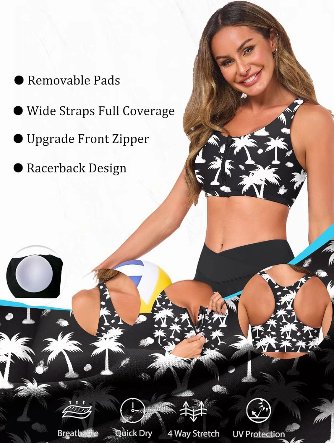 Women's Sports Bra Bikini Top for Large Bust Racerback Swim Bras Zipper in Front Bathing Suit Top Swimsuit Tops Only
