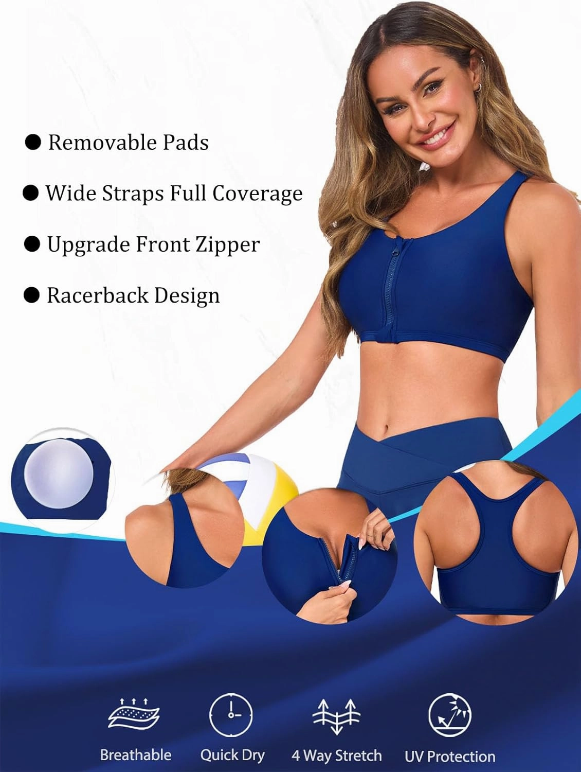 Women's Sports Bra Bikini Top for Large Bust Racerback Swim Bras Zipper in Front Bathing Suit Top Swimsuit Tops Only