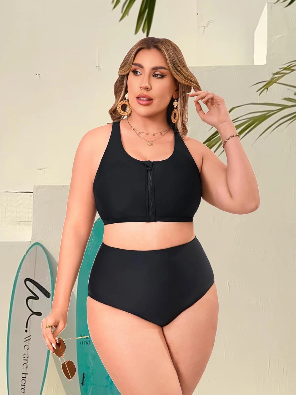 Women's Sports Bra Bikini Top for Large Bust Racerback Swim Bras Zipper in Front Bathing Suit Top Swimsuit Tops Only