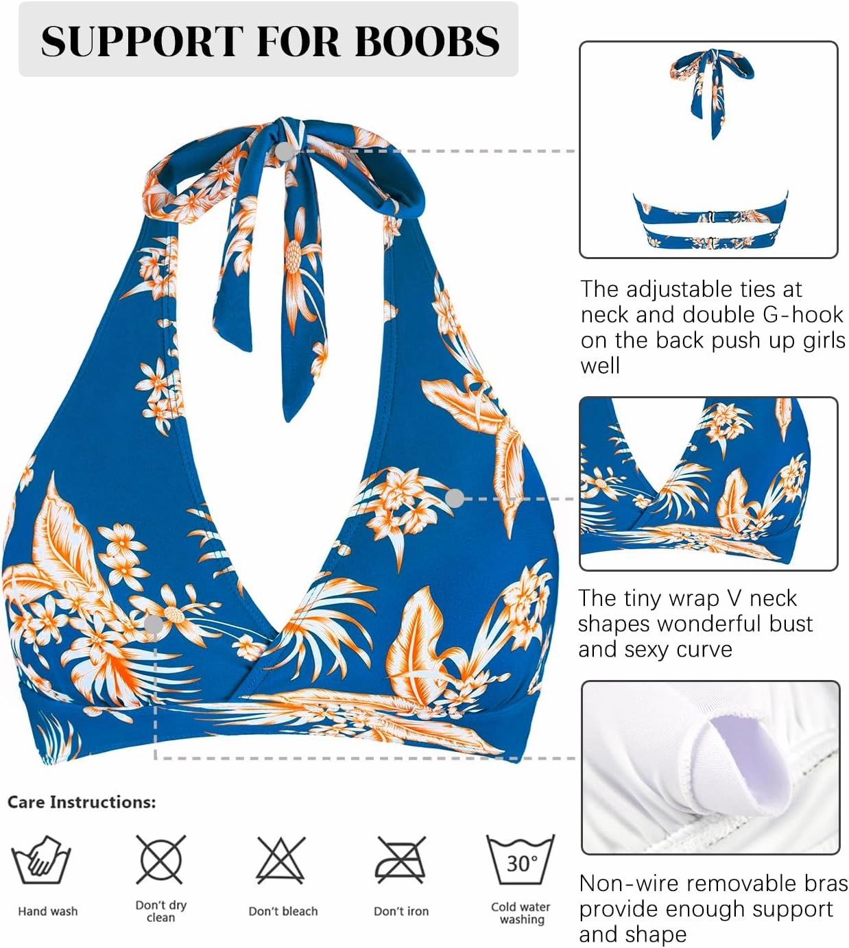 Women's Supportive Halter Bikini Padded Push Up Ruched Bust Hook Back Swimsuit Bathing Suit Tops Only