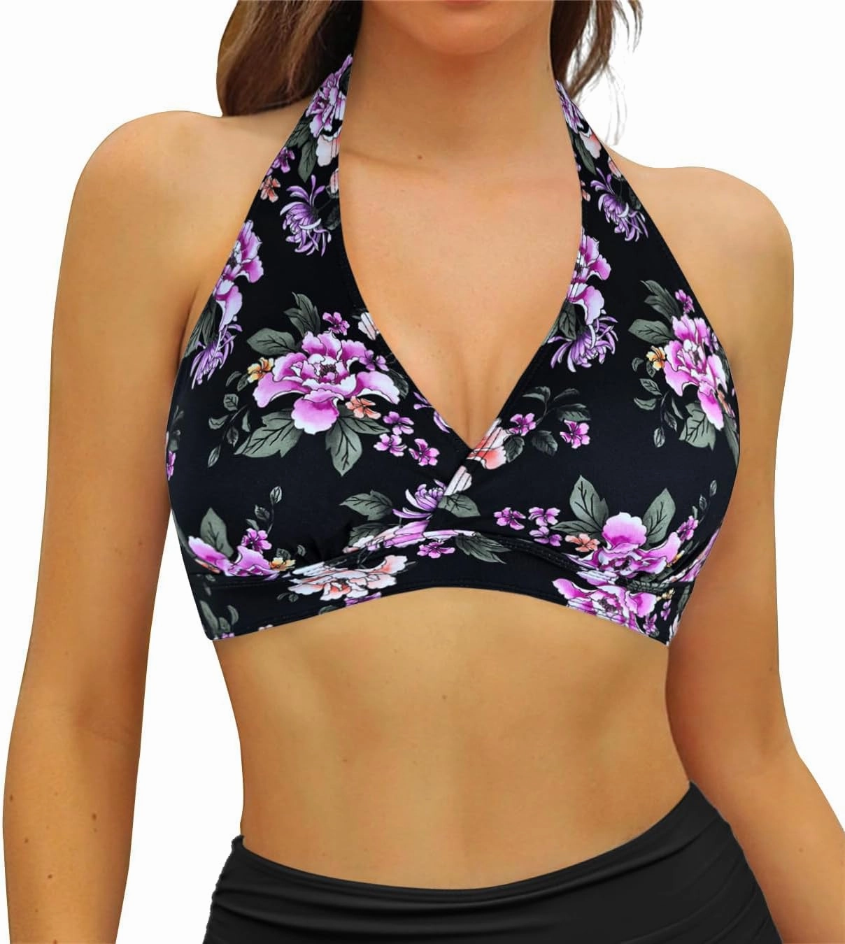 Women's Supportive Halter Bikini Padded Push Up Ruched Bust Hook Back Swimsuit Bathing Suit Tops Only