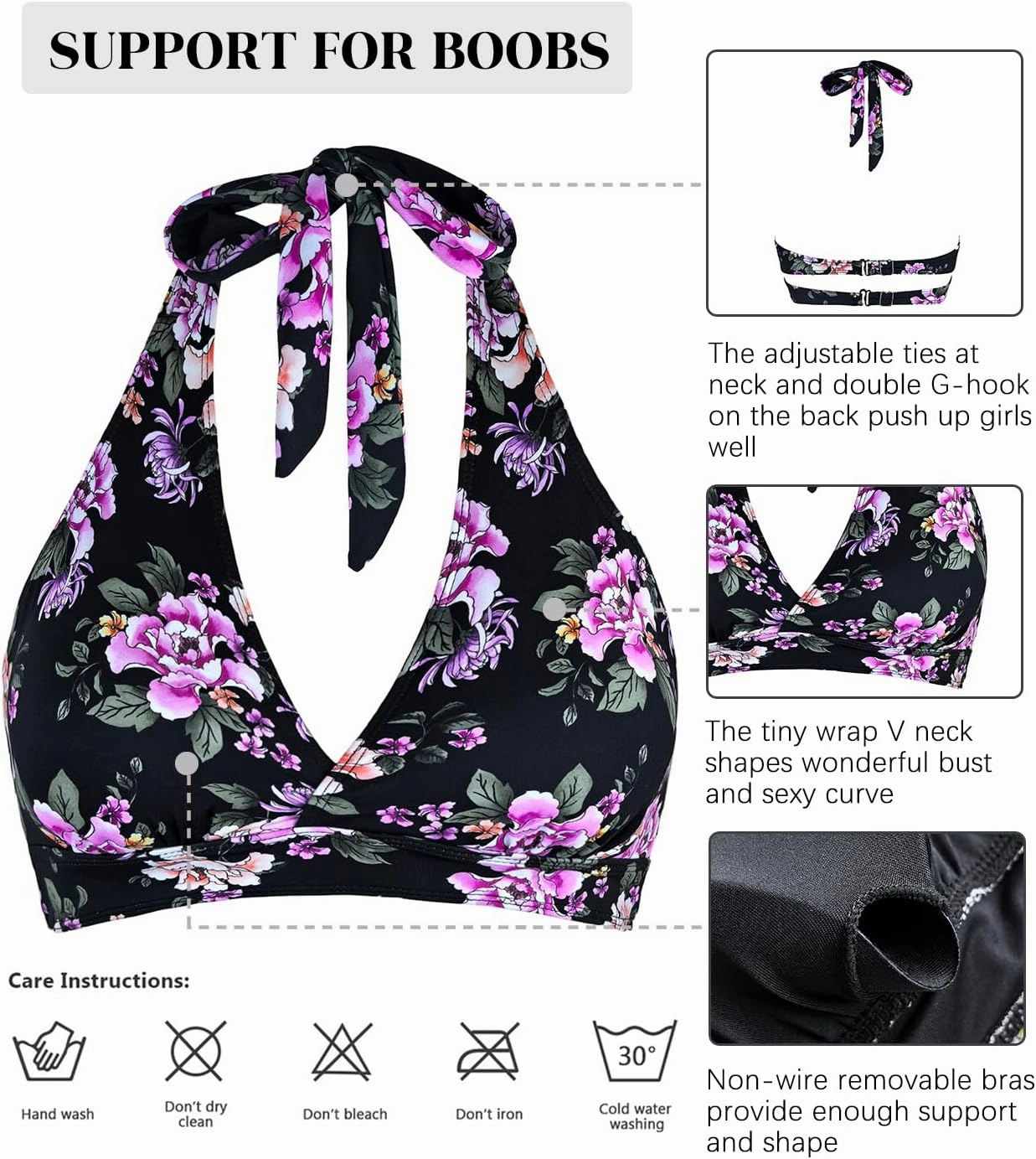 Women's Supportive Halter Bikini Padded Push Up Ruched Bust Hook Back Swimsuit Bathing Suit Tops Only