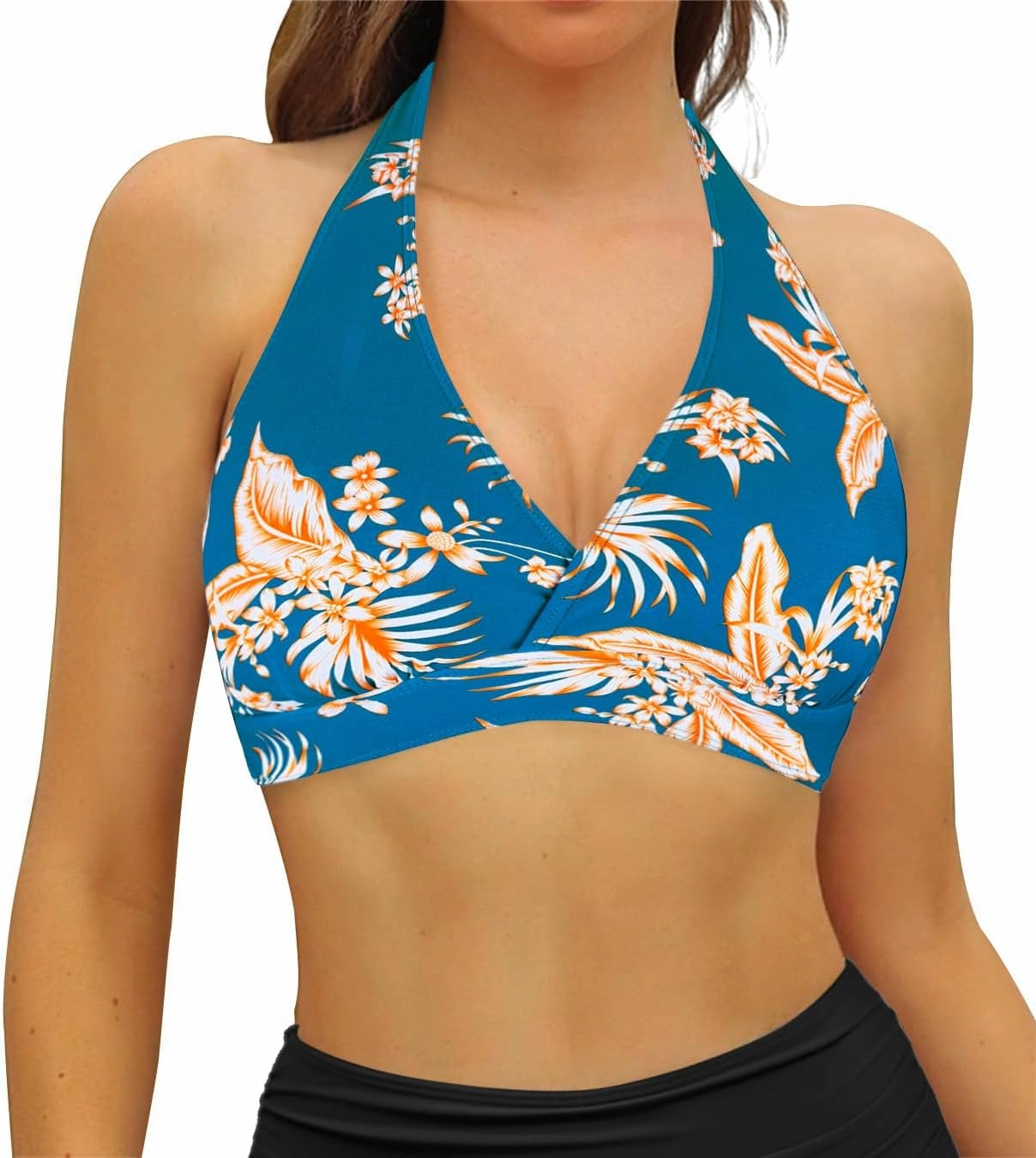 Women's Supportive Halter Bikini Padded Push Up Ruched Bust Hook Back Swimsuit Bathing Suit Tops Only
