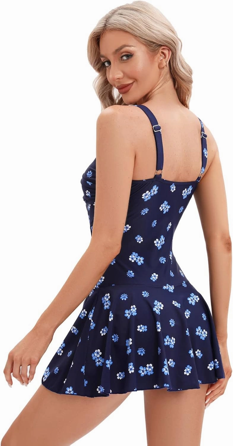 Women's Vintage One Piece Swimdress Floral Print Swimsuits Ruffle Skirt Bathing Suits Tummy Control Swimwear