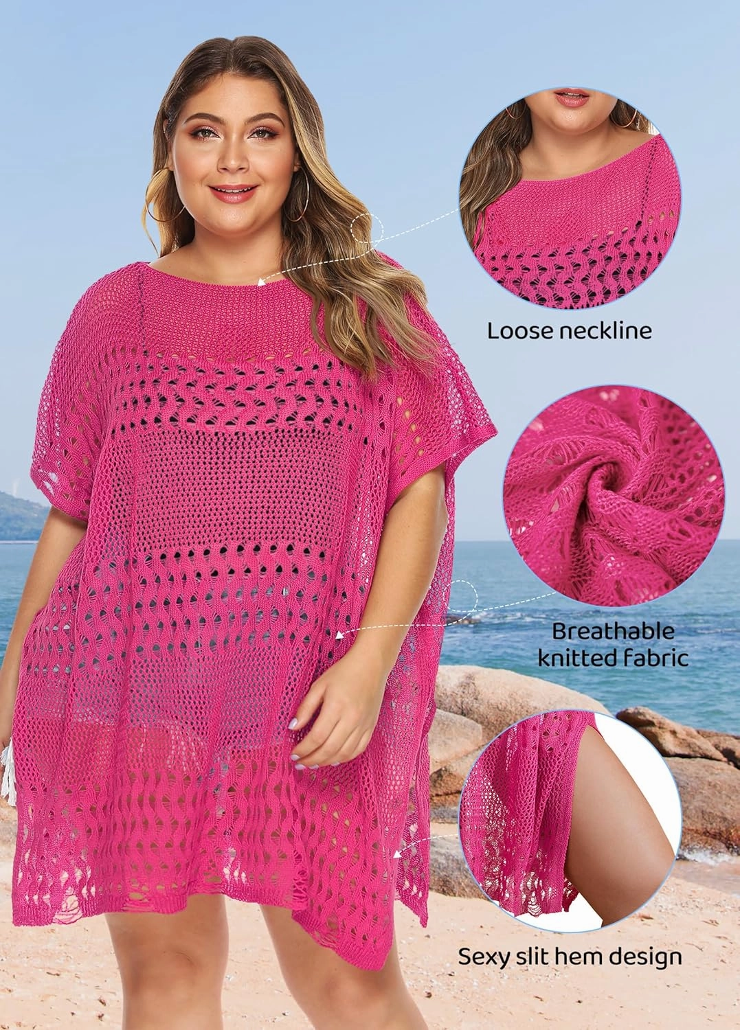 Womens Beach Cover Up Hollow Out, Plus Size Swimsuit Coverup Crochet Bathing Suit Cover ups Bikini Summer Beachwear Dress