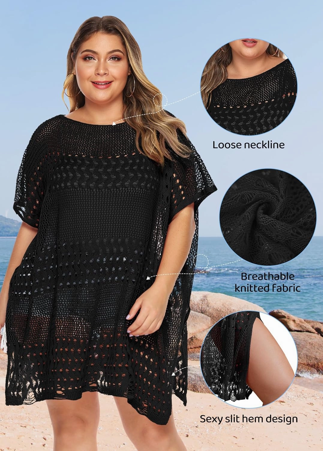 Womens Beach Cover Up Hollow Out, Plus Size Swimsuit Coverup Crochet Bathing Suit Cover ups Bikini Summer Beachwear Dress