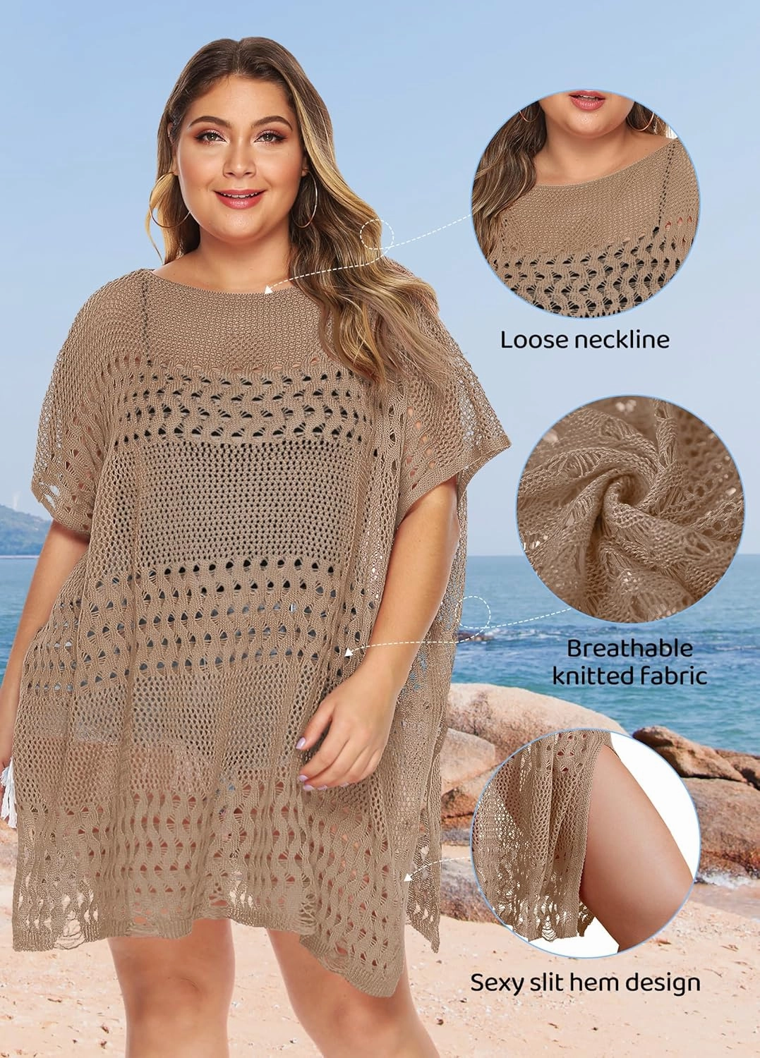 Womens Beach Cover Up Hollow Out, Plus Size Swimsuit Coverup Crochet Bathing Suit Cover ups Bikini Summer Beachwear Dress