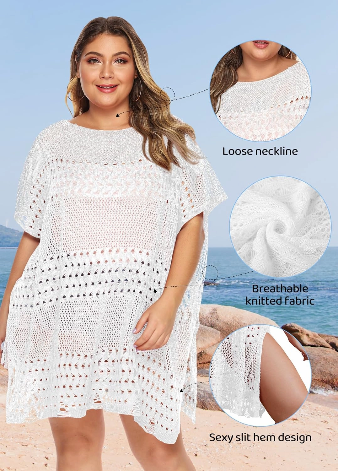 Womens Beach Cover Up Hollow Out, Plus Size Swimsuit Coverup Crochet Bathing Suit Cover ups Bikini Summer Beachwear Dress