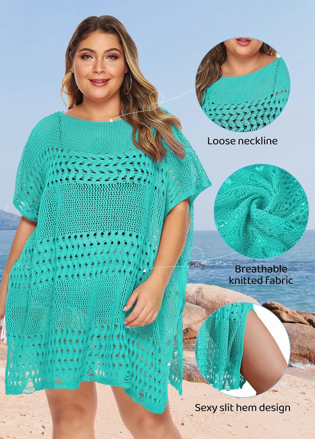 Womens Beach Cover Up Hollow Out, Plus Size Swimsuit Coverup Crochet Bathing Suit Cover ups Bikini Summer Beachwear Dress