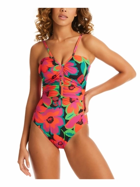 Womens Floral Print Shirred One-Piece Swimsuit