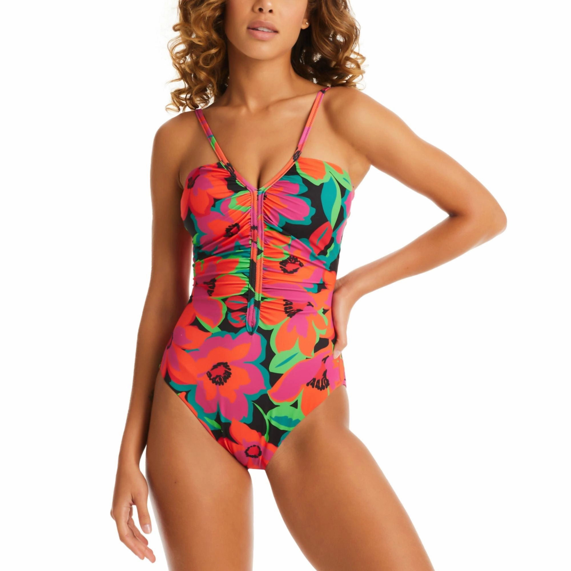 Womens Floral Print Shirred One-Piece Swimsuit