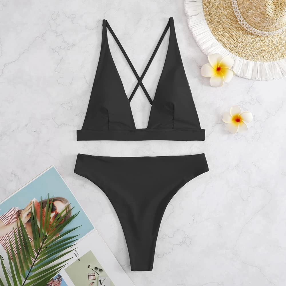 Womens High Waisted Thong Bikini Sets Sexy Brazilian Triangle Top Deep V Neck Two Piece Swimsuit Bathing Suits