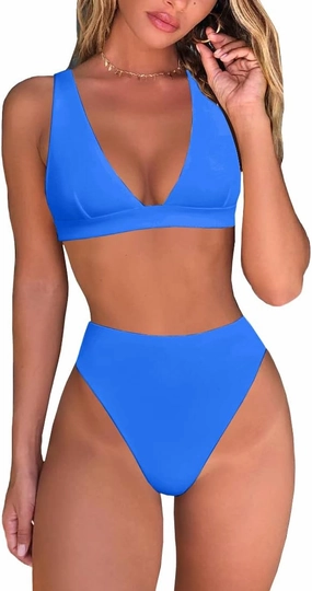 Womens High Waisted Thong Bikini Sets Sexy Brazilian Triangle Top Deep V Neck Two Piece Swimsuit Bathing Suits