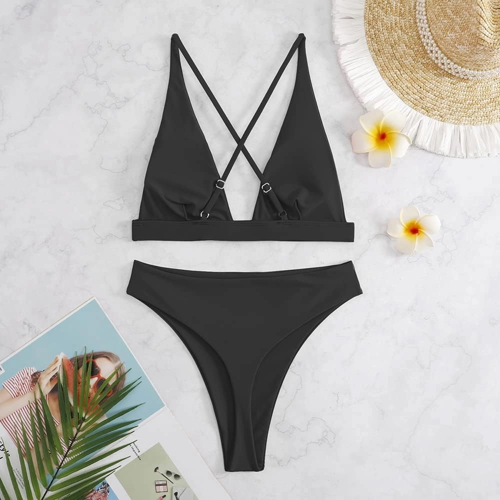 Womens High Waisted Thong Bikini Sets Sexy Brazilian Triangle Top Deep V Neck Two Piece Swimsuit Bathing Suits