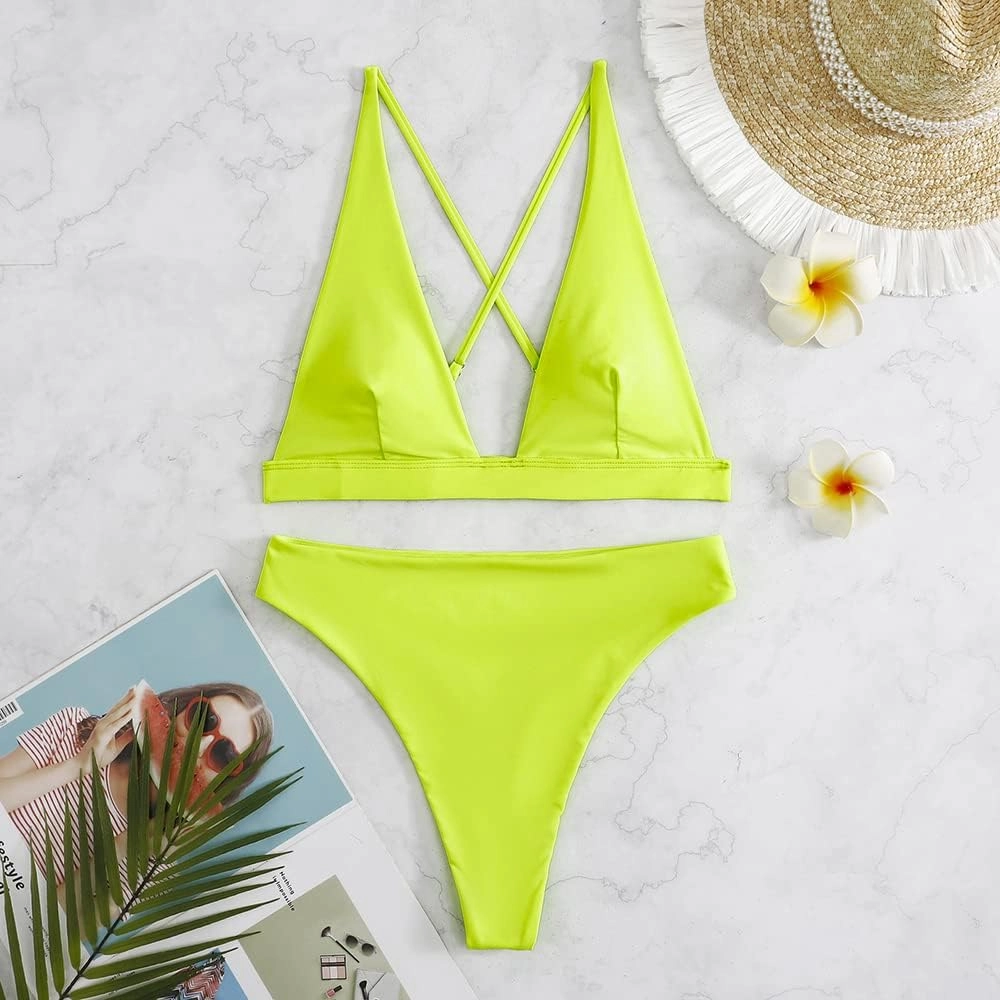 Womens High Waisted Thong Bikini Sets Sexy Brazilian Triangle Top Deep V Neck Two Piece Swimsuit Bathing Suits
