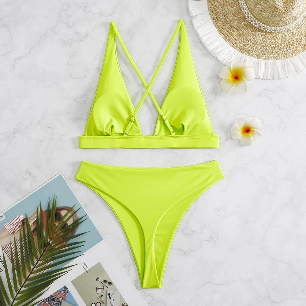 Womens High Waisted Thong Bikini Sets Sexy Brazilian Triangle Top Deep V Neck Two Piece Swimsuit Bathing Suits